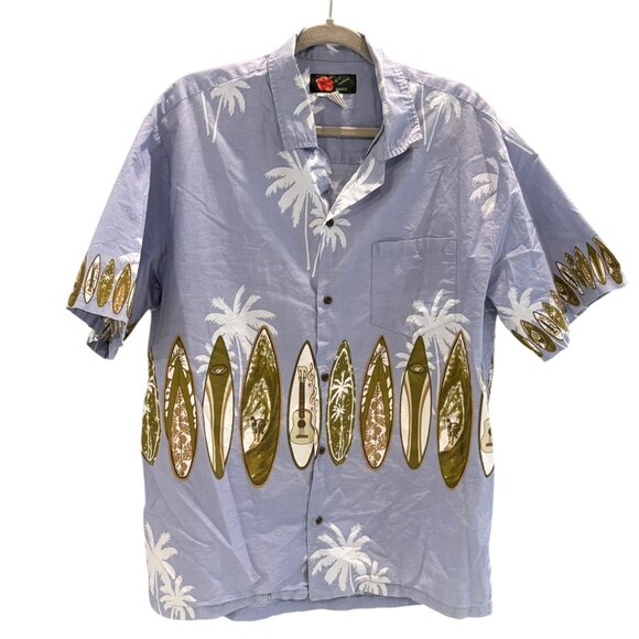 Mens Hawaiian Surfboard Print Blue Short-Sleeve Shirt Ali'i Fashions 2X - Picture 1 of 8